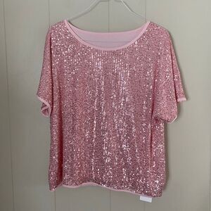 Sucolan Pink Sequin Top NWT | Sparkly Short Sleeve Party Blouse Women’s Size L/X